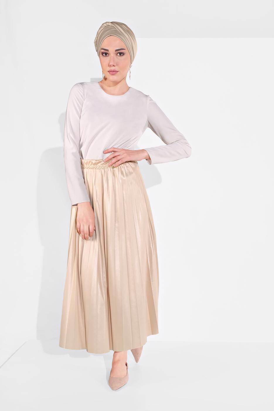 Tesettür giyim BEJ BELİ LASTİKLİ PİLELİ ETEK 5607