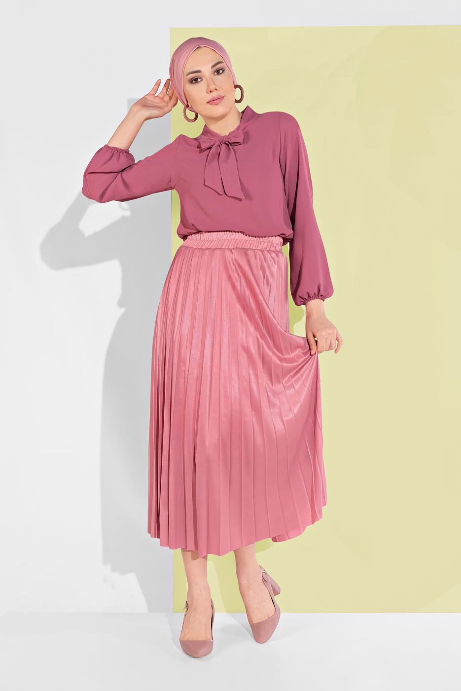 Tesettür giyim PEMBE BELİ LASTİKLİ PİLELİ ETEK 5607