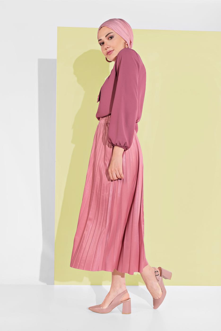 Tesettür giyim PEMBE BELİ LASTİKLİ PİLELİ ETEK 5607