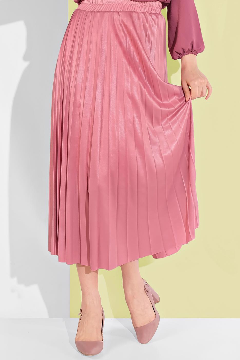 Tesettür giyim PEMBE BELİ LASTİKLİ PİLELİ ETEK 5607