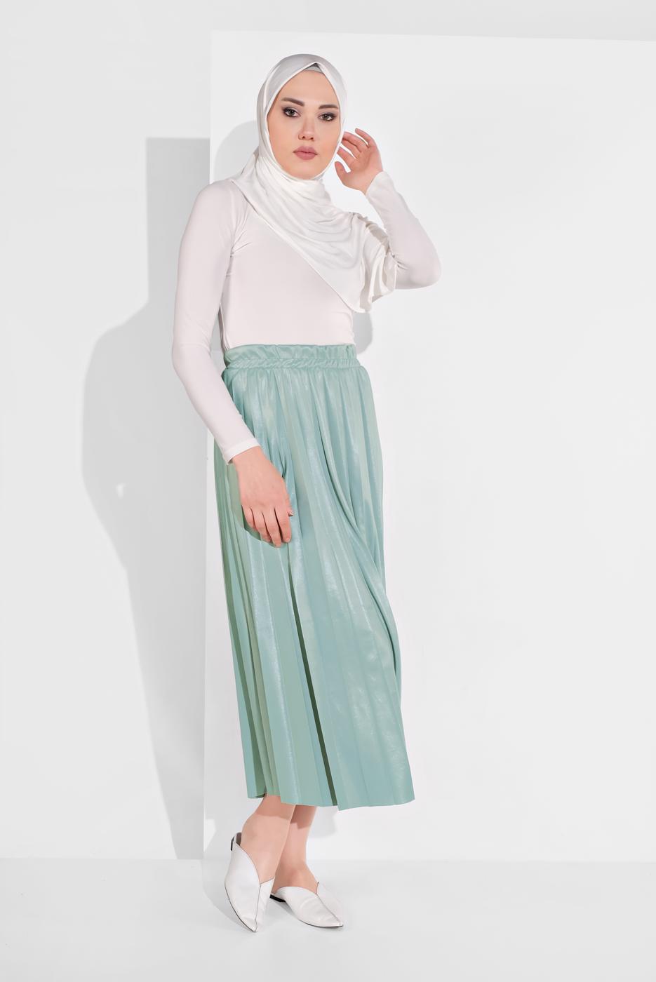 Tesettür giyim YEŞİL BELİ LASTİKLİ PİLELİ ETEK 5607