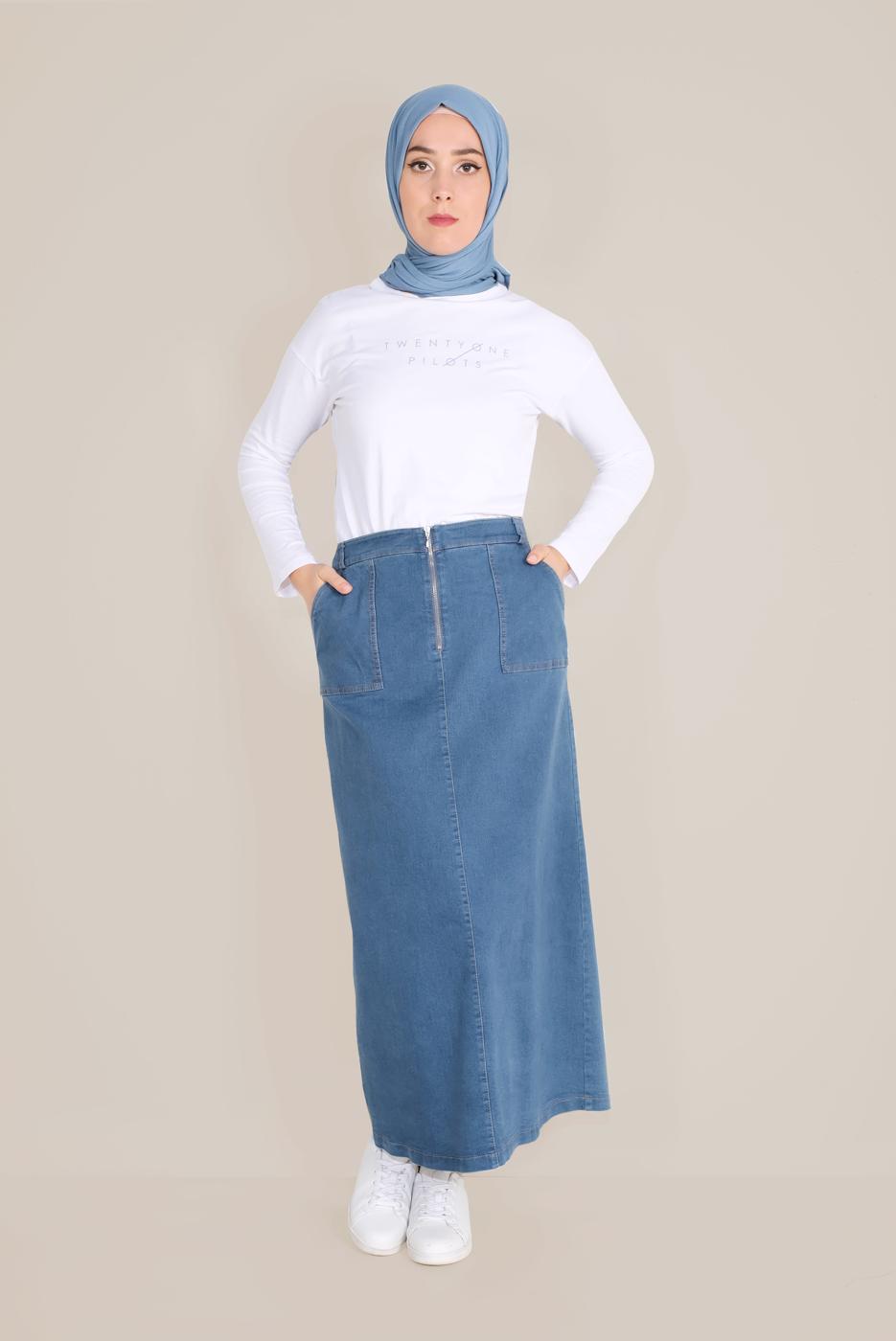 Tesettür giyim LACİVERT ALVİNA FERMUARLI DENİM ETEK 60088 