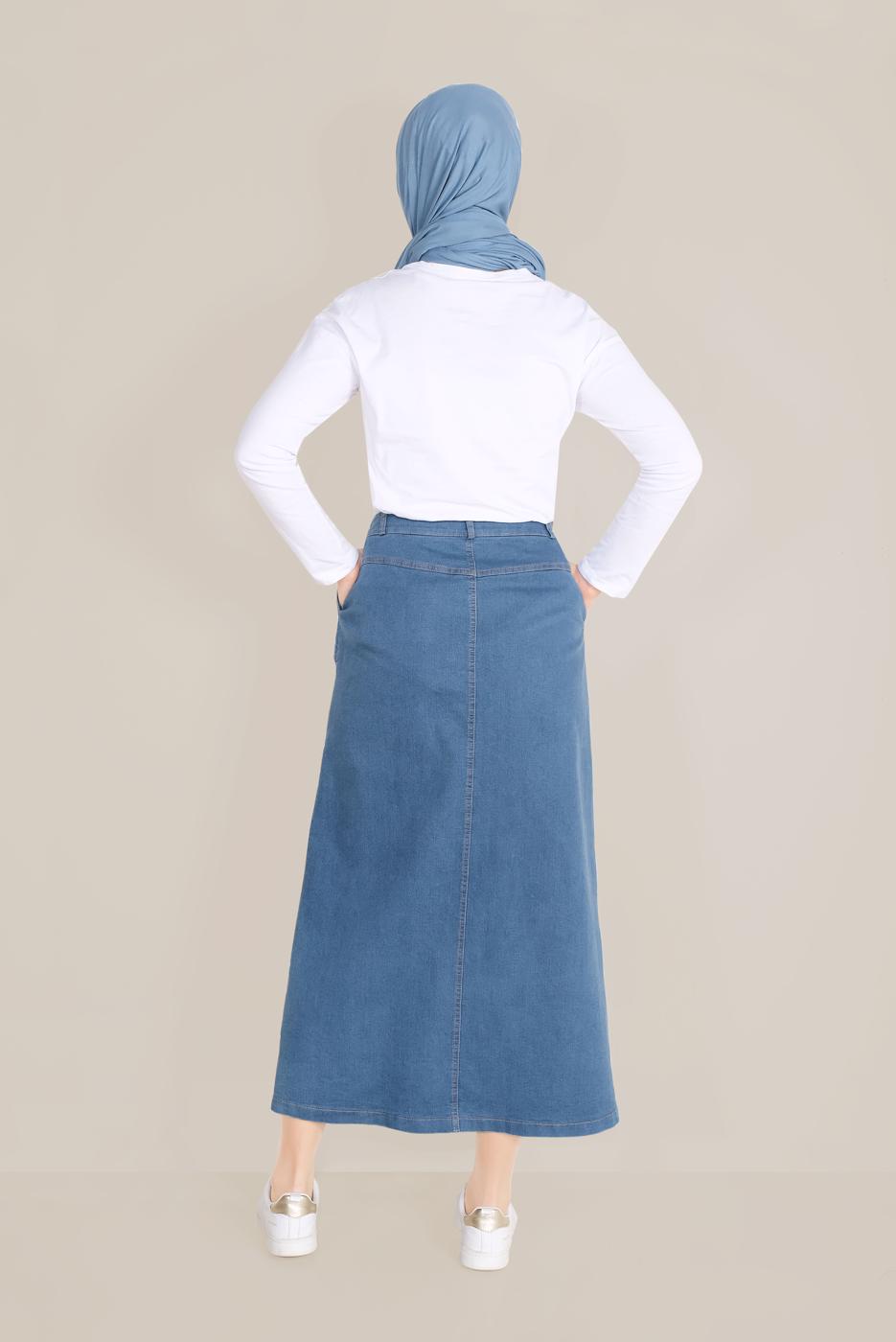 Tesettür giyim LACİVERT ALVİNA FERMUARLI DENİM ETEK 60088 