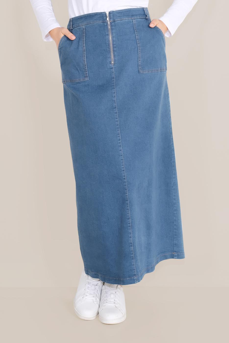 Tesettür giyim LACİVERT ALVİNA FERMUARLI DENİM ETEK 60088 