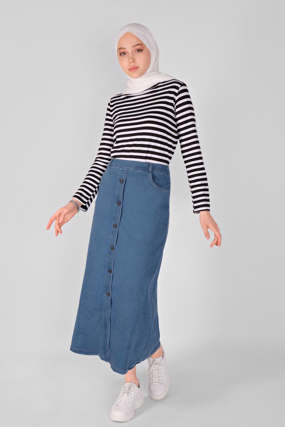 Tesettür giyim LACİVERT ALVİNA  DÜĞME DETAYLI DENİM 60089 