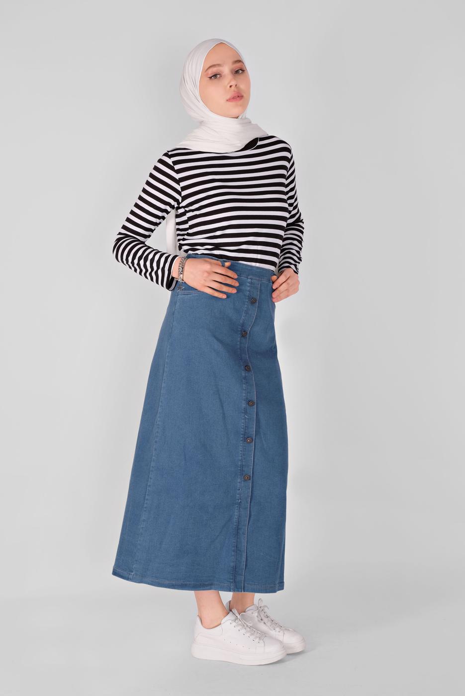 Tesettür giyim LACİVERT ALVİNA  DÜĞME DETAYLI DENİM 60089 