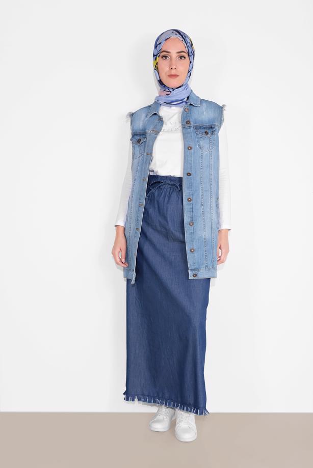 Vêtements hijab BLEU MARINE JUPE EN JEAN À IMPRIMÉE 6232 - TRENDTESETTÜR