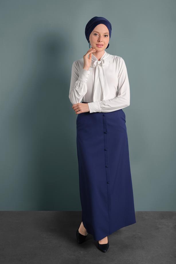 Hijab clothing NAVY BLUE BUTTONED BELTED SKIRT 6319  - TRENDTESETTÜR