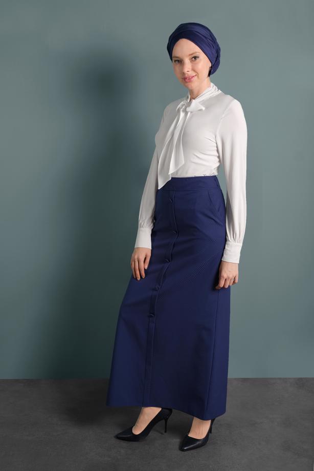 Hijab clothing NAVY BLUE BUTTONED BELTED SKIRT 6319  - TRENDTESETTÜR