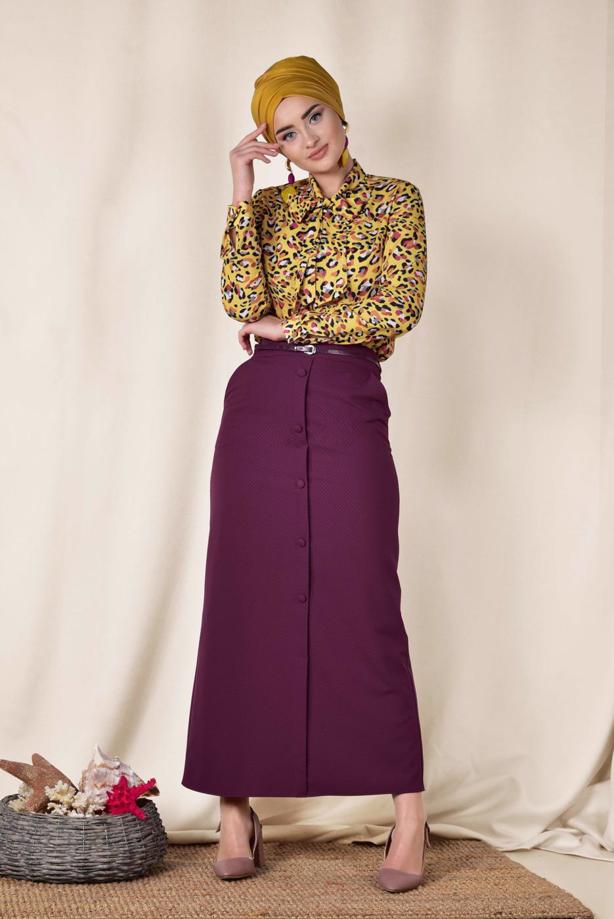 Hijab clothing PURPLE BUTTONED BELTED SKIRT 6319  - TRENDTESETTÜR
