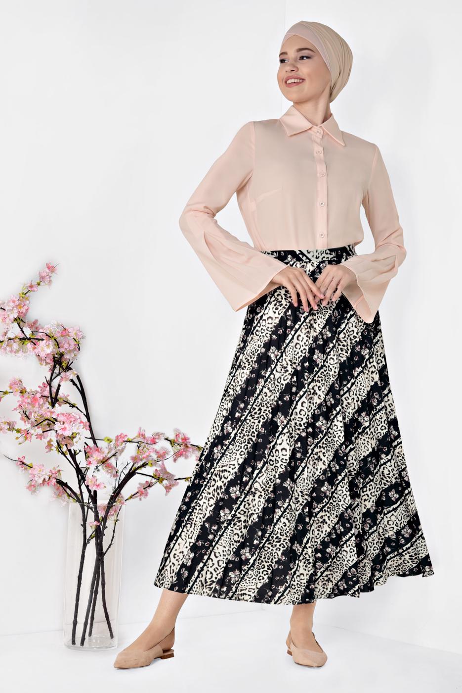 Tesettür giyim SİYAH ALVİNA LEOPAR DESENLİ PİLELİ ETEK 6325