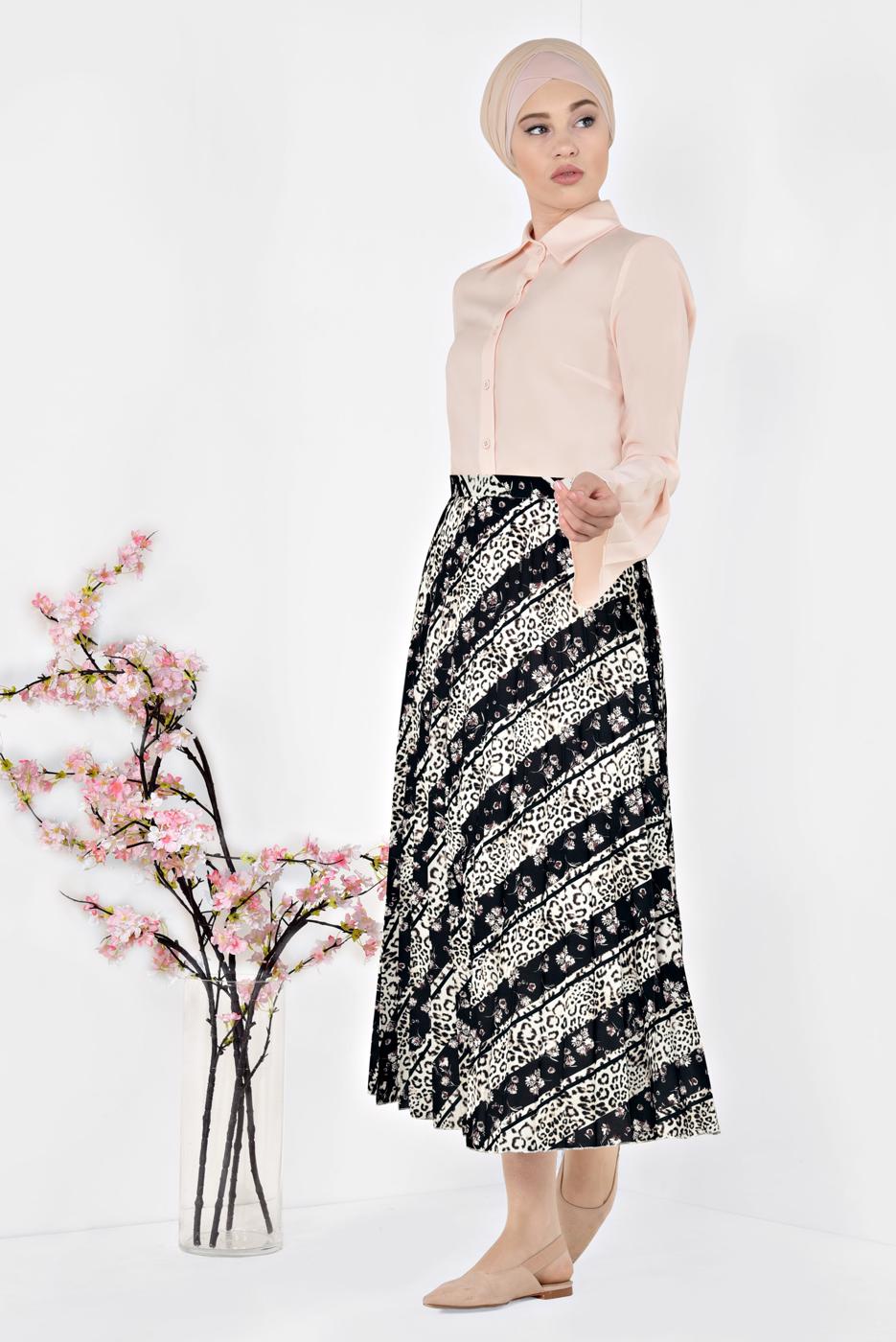 Tesettür giyim SİYAH ALVİNA LEOPAR DESENLİ PİLELİ ETEK 6325
