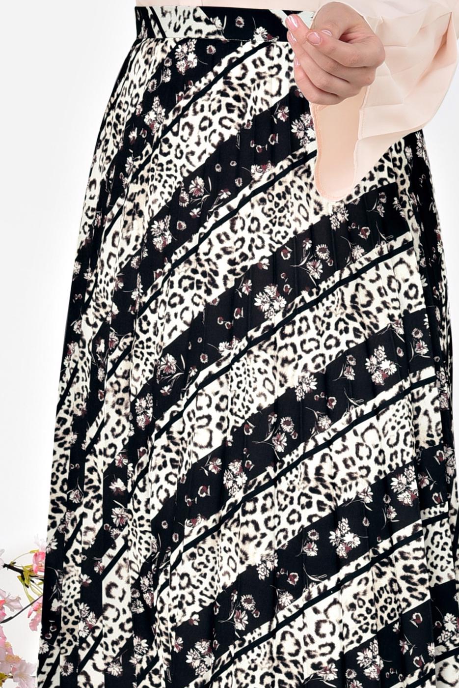 Tesettür giyim SİYAH ALVİNA LEOPAR DESENLİ PİLELİ ETEK 6325