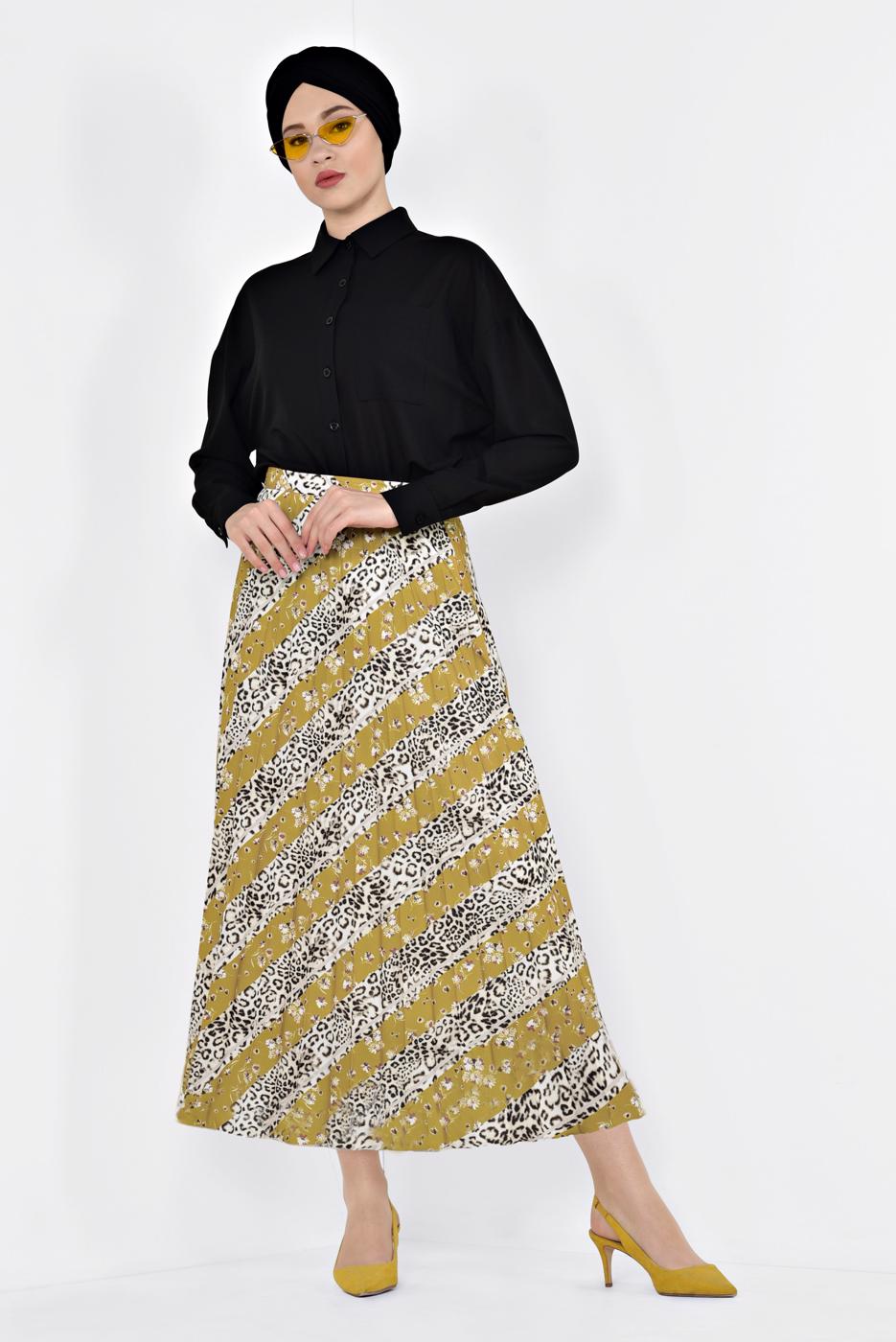 Tesettür giyim TURUNCU ALVİNA LEOPAR DESENLİ PİLELİ ETEK 6325