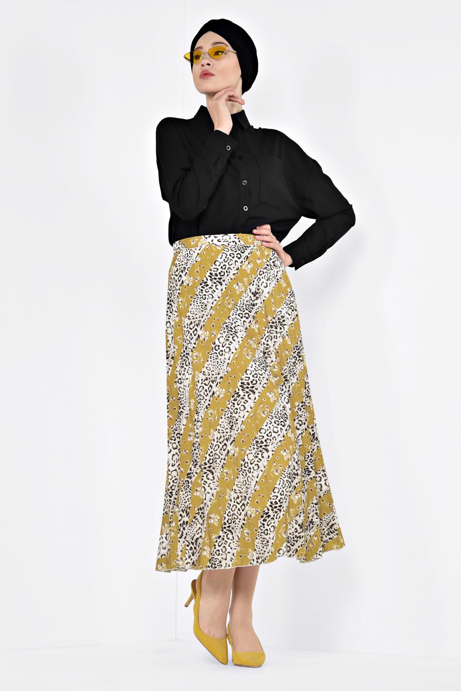 Tesettür giyim TURUNCU ALVİNA LEOPAR DESENLİ PİLELİ ETEK 6325