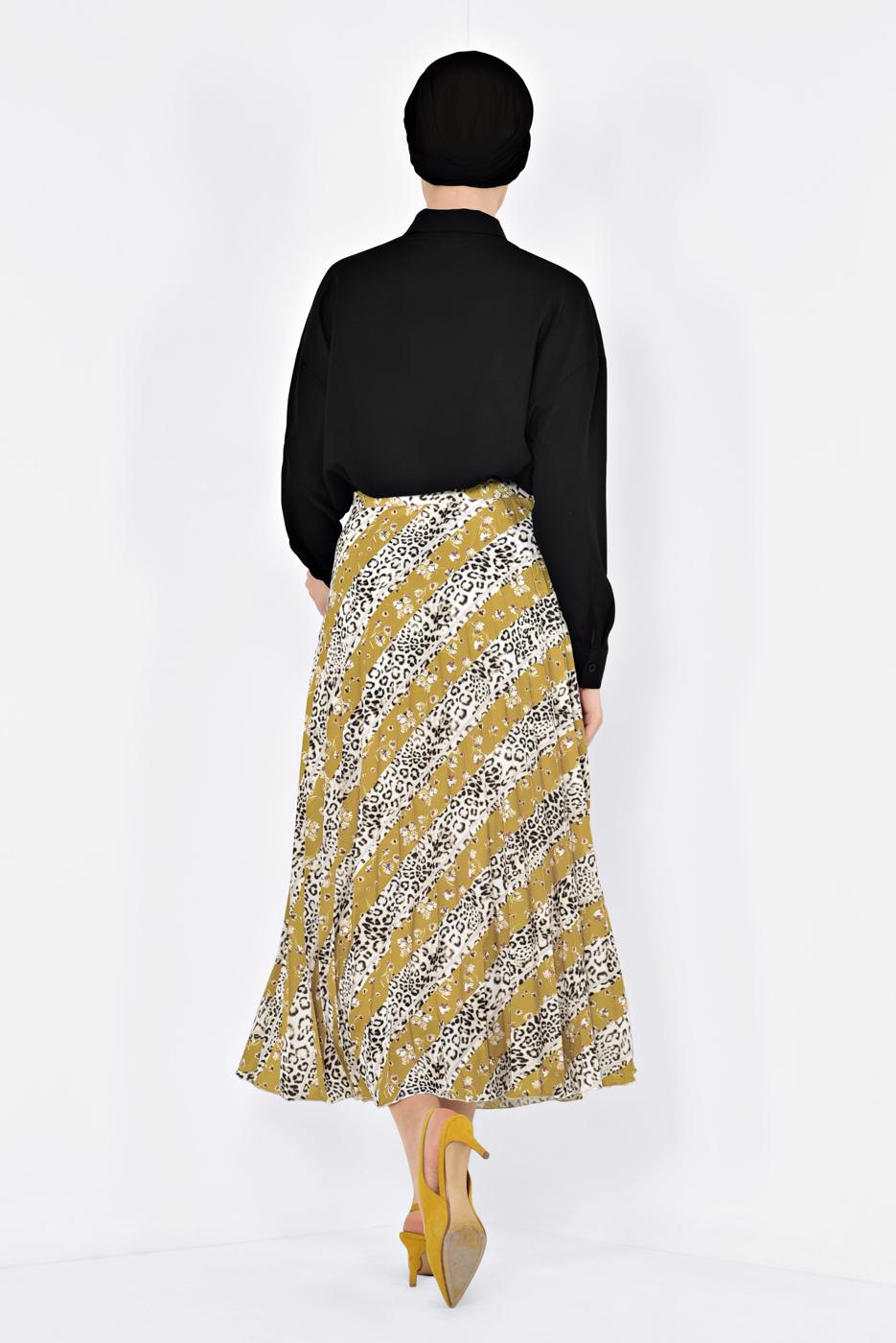 Tesettür giyim TURUNCU ALVİNA LEOPAR DESENLİ PİLELİ ETEK 6325