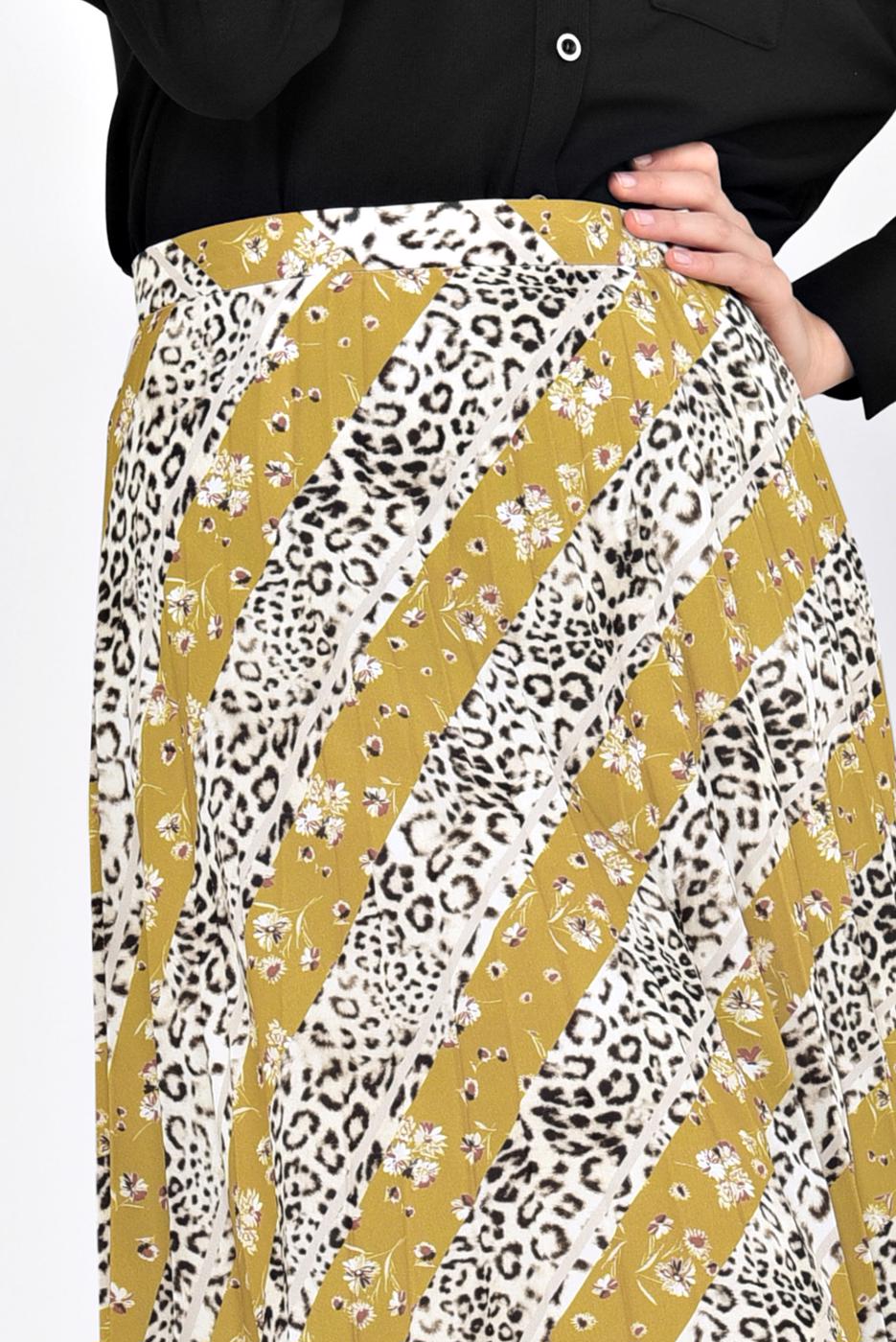 Tesettür giyim TURUNCU ALVİNA LEOPAR DESENLİ PİLELİ ETEK 6325