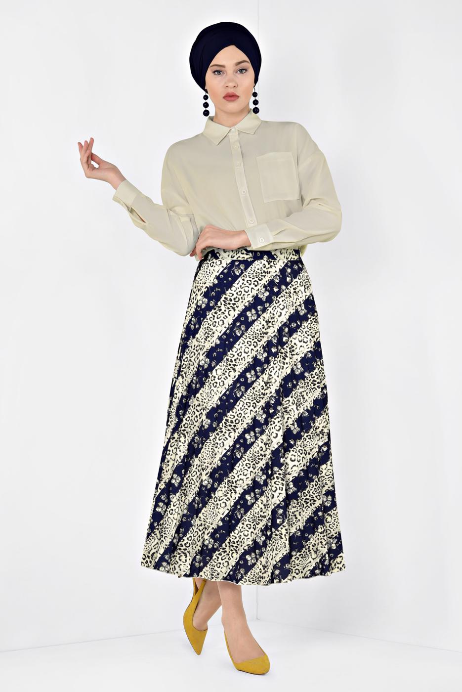 Tesettür giyim LACİVERT ALVİNA LEOPAR DESENLİ PİLELİ ETEK 6325