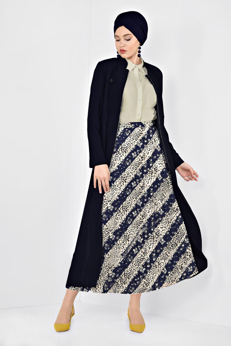 Tesettür giyim LACİVERT ALVİNA LEOPAR DESENLİ PİLELİ ETEK 6325