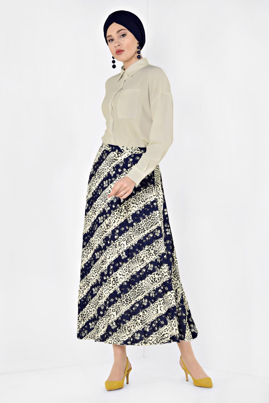 Tesettür giyim LACİVERT ALVİNA LEOPAR DESENLİ PİLELİ ETEK 6325