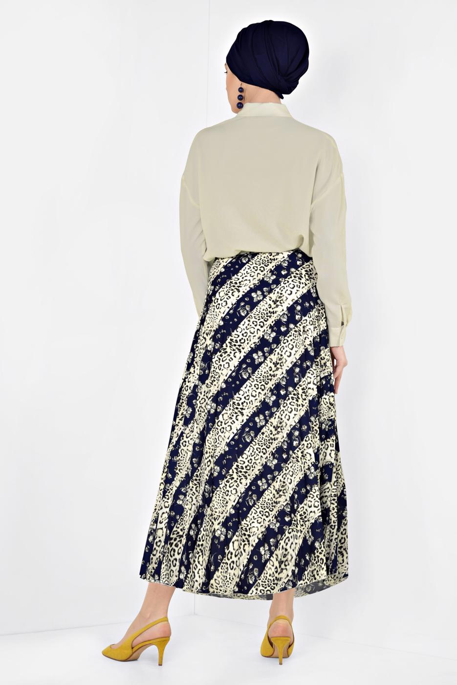 Tesettür giyim LACİVERT ALVİNA LEOPAR DESENLİ PİLELİ ETEK 6325