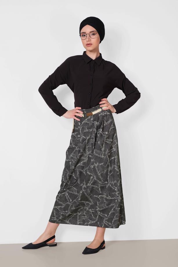 Tesettür giyim GRİ ALVİNA BELİ KEMERLİ DESENLİ ETEK 6326 - TRENDTESETTÜR