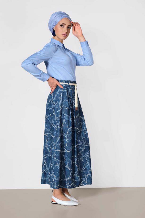 Tesettür giyim LACİVERT ALVİNA BELİ KEMERLİ DESENLİ ETEK 6326 - TRENDTESETTÜR