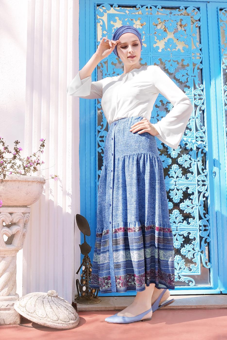 Tesettür giyim MAVİ ALVİNA BEL KISMI LASTİKLİ DESENLİ ETEK 6329