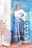 Tesettür giyim MAVİ ALVİNA BEL KISMI LASTİKLİ DESENLİ ETEK 6329