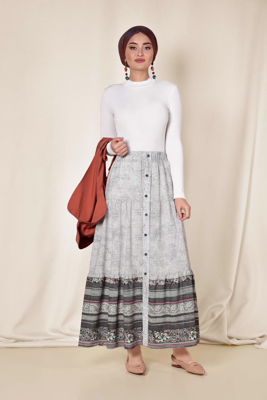 Tesettür giyim GRİ ALVİNA BEL KISMI LASTİKLİ DESENLİ ETEK 6329
