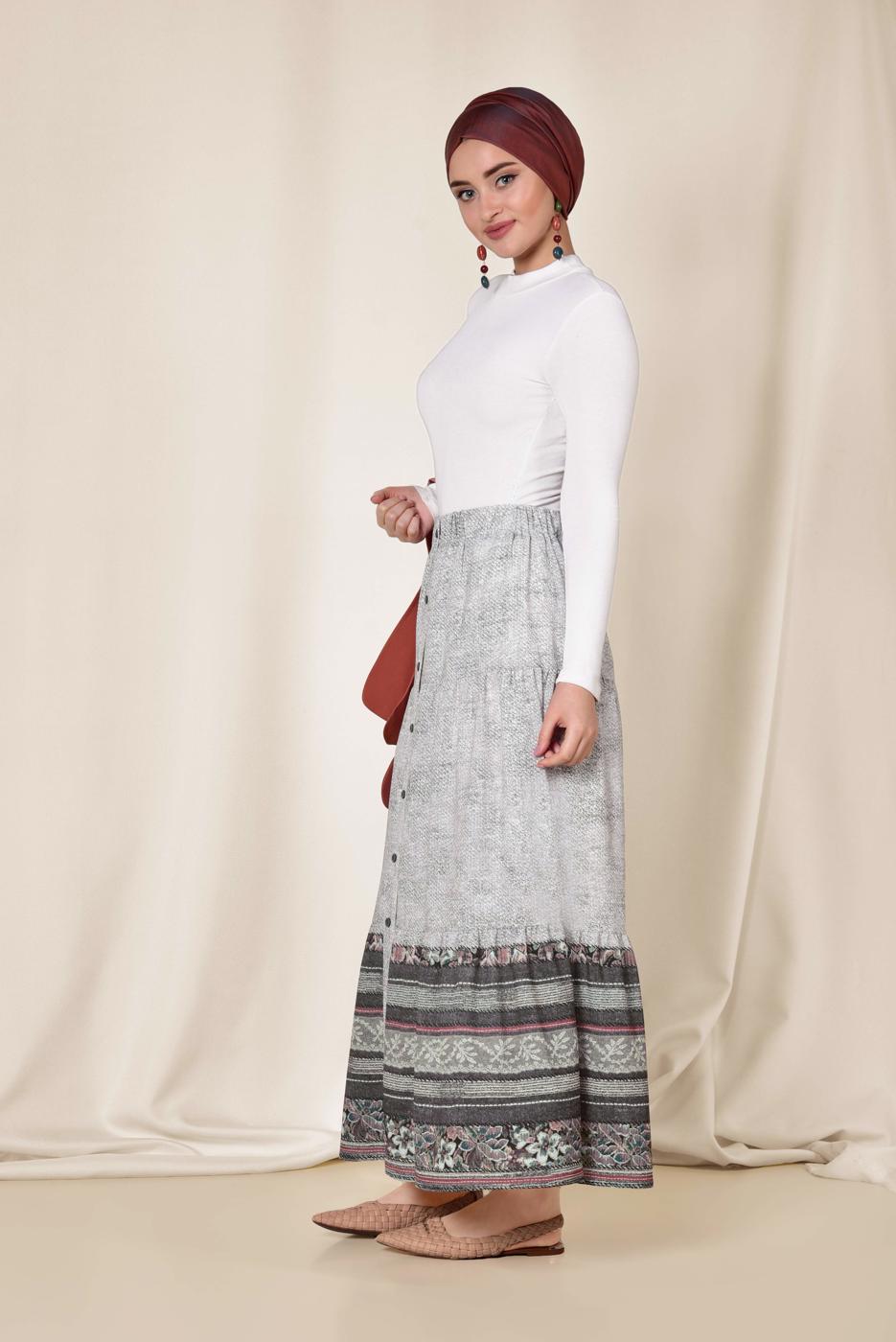 Tesettür giyim GRİ ALVİNA BEL KISMI LASTİKLİ DESENLİ ETEK 6329