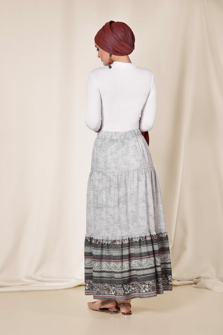 Tesettür giyim GRİ ALVİNA BEL KISMI LASTİKLİ DESENLİ ETEK 6329