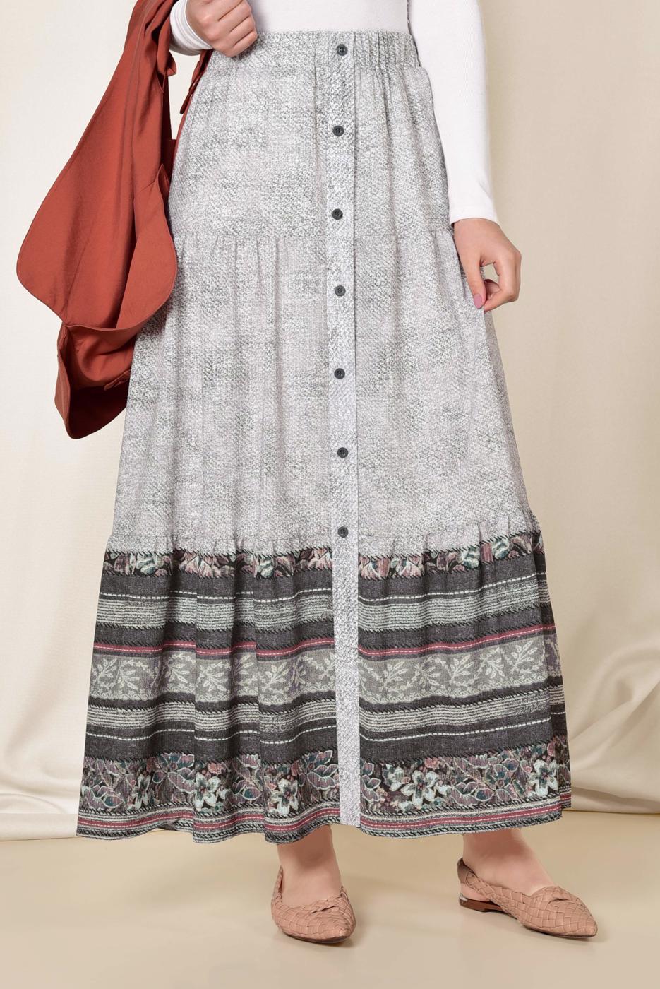 Tesettür giyim GRİ ALVİNA BEL KISMI LASTİKLİ DESENLİ ETEK 6329