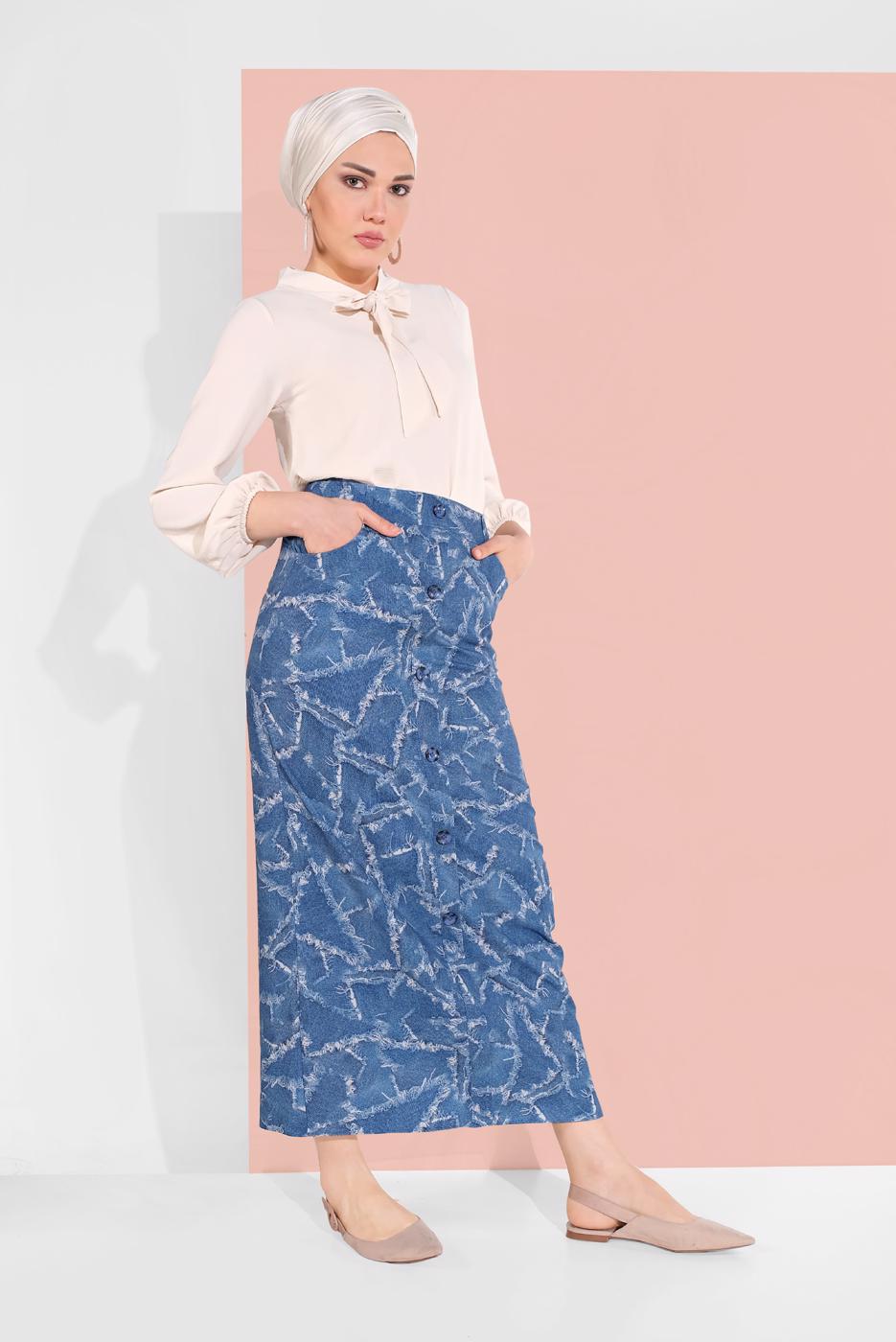 Tesettür giyim LACİVERT ALVİNA DÜĞMELİ DESENLİ ETEK 6332