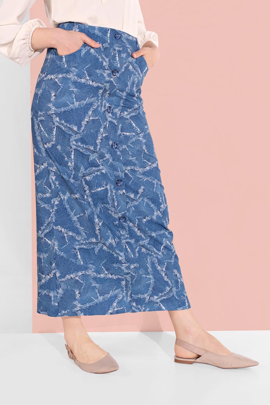 Tesettür giyim LACİVERT ALVİNA DÜĞMELİ DESENLİ ETEK 6332