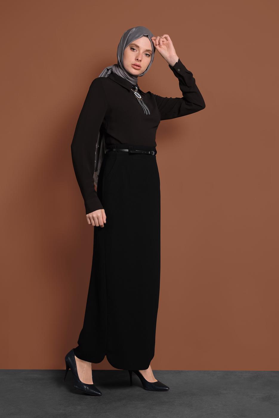 Tesettür giyim SİYAH ALVİNA KEMERLİ KALEM ETEK 6337 