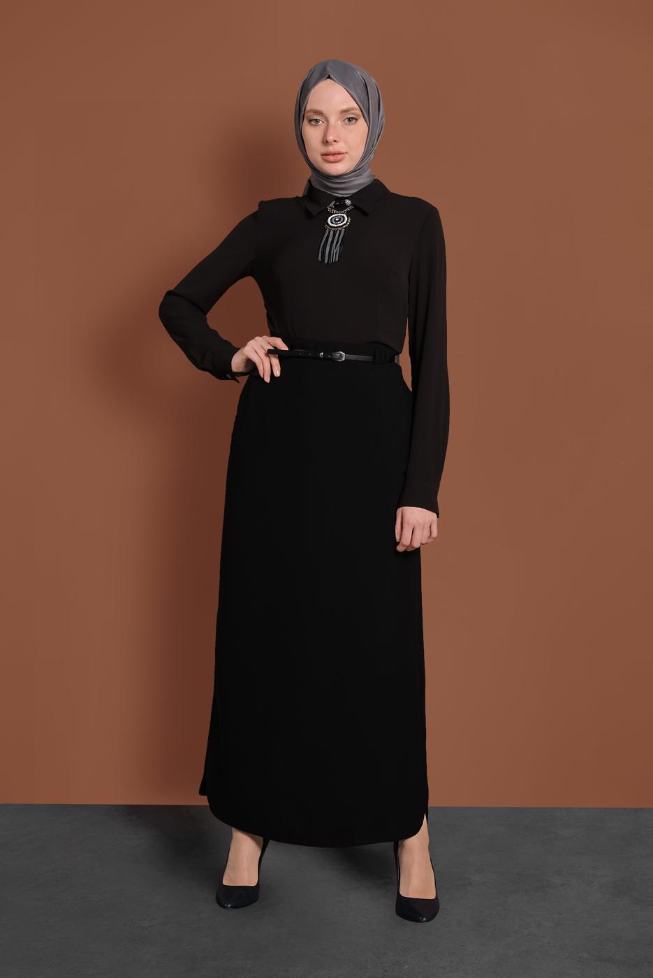 Tesettür giyim SİYAH ALVİNA KEMERLİ KALEM ETEK 6337 
