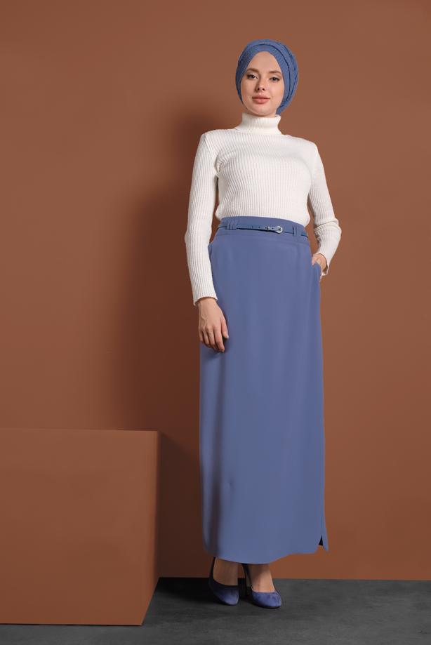 Hijab clothing NAVY BLUE ALVİNA BELTED PENCIL SKIRT 6337  - TRENDTESETTÜR