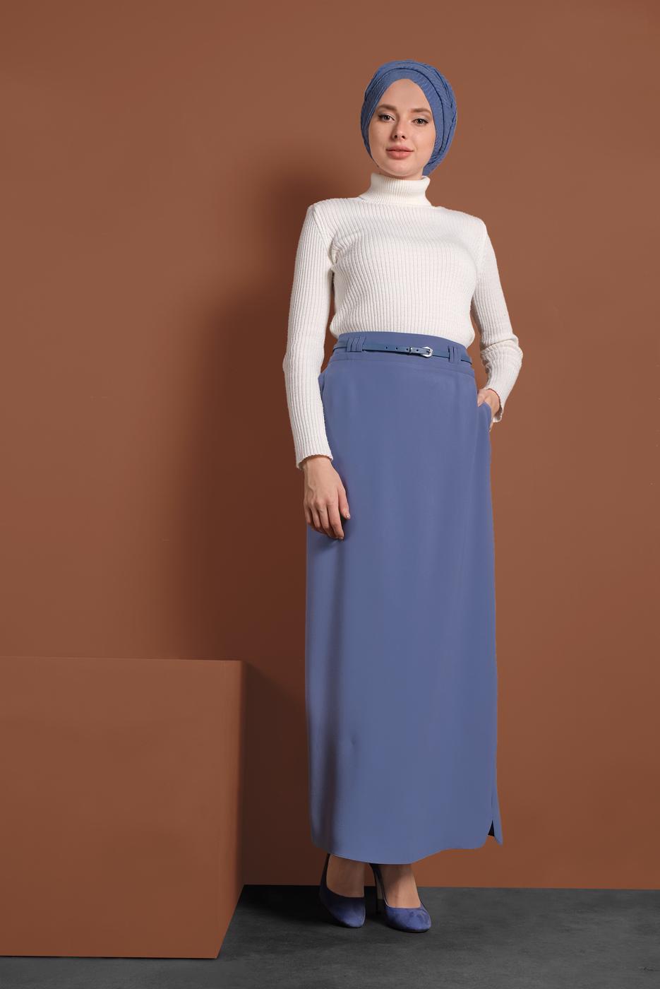 Hijab clothing NAVY BLUE ALVİNA BELTED PENCIL SKIRT 6337 
