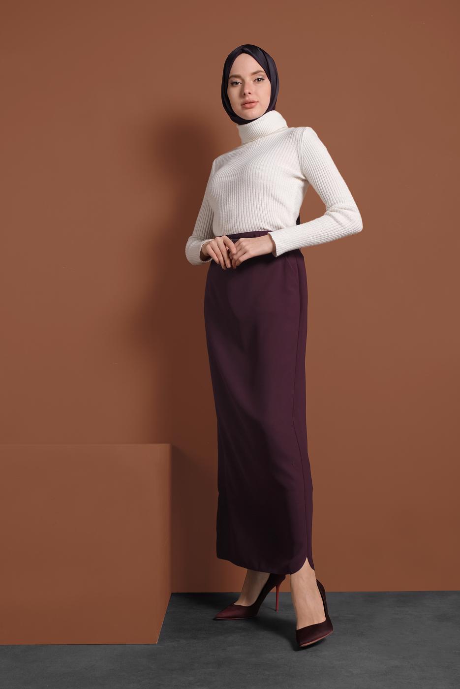 Tesettür giyim BORDO ALVİNA KEMERLİ KALEM ETEK 6337 