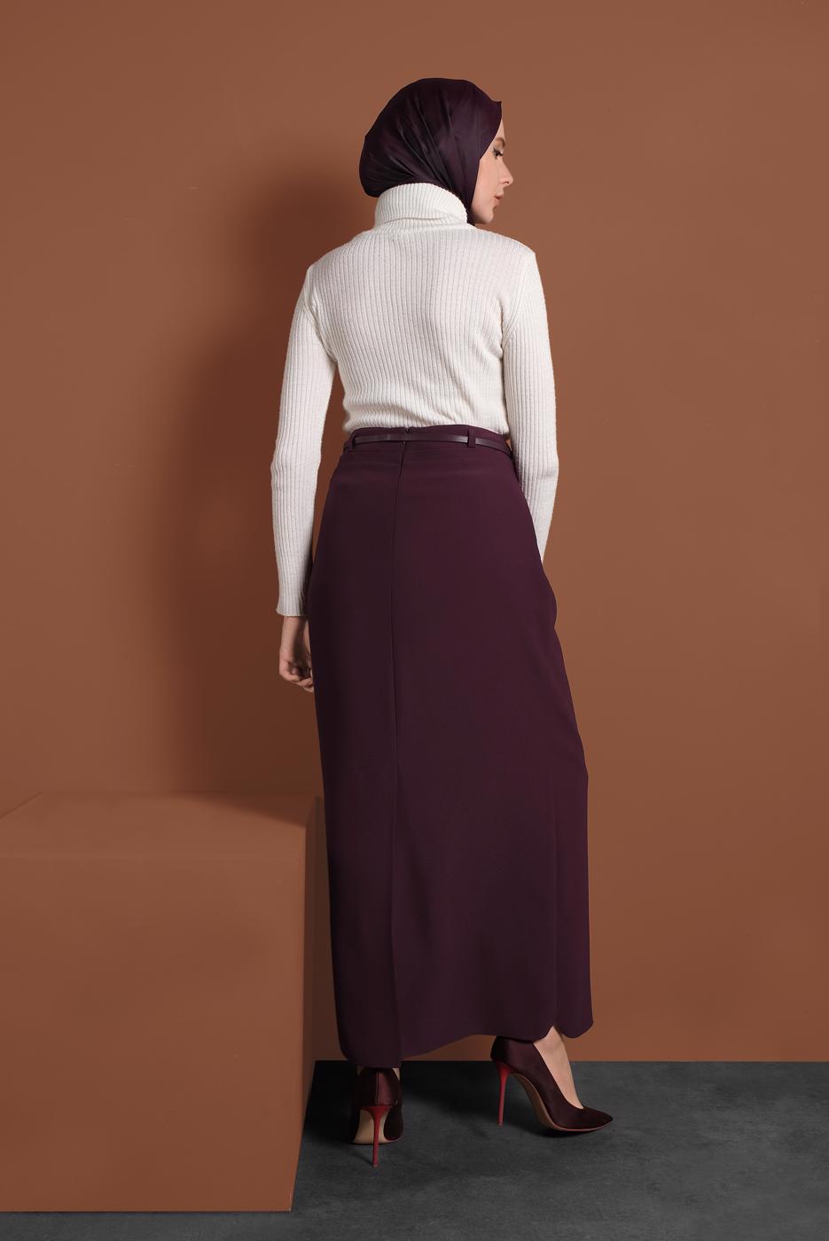 Tesettür giyim BORDO ALVİNA KEMERLİ KALEM ETEK 6337 