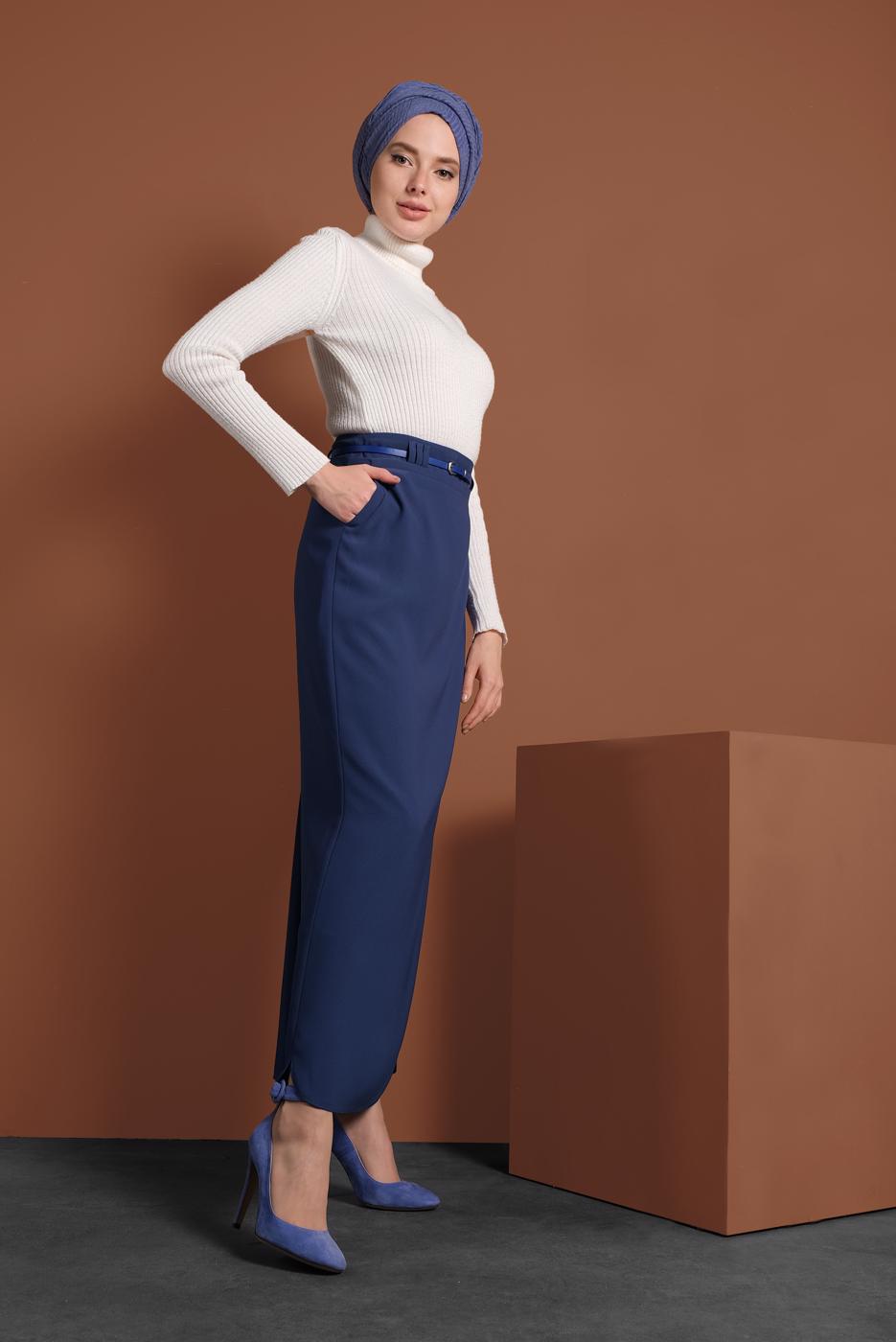 Tesettür giyim LACİVERT ALVİNA KEMERLİ KALEM ETEK 6337 