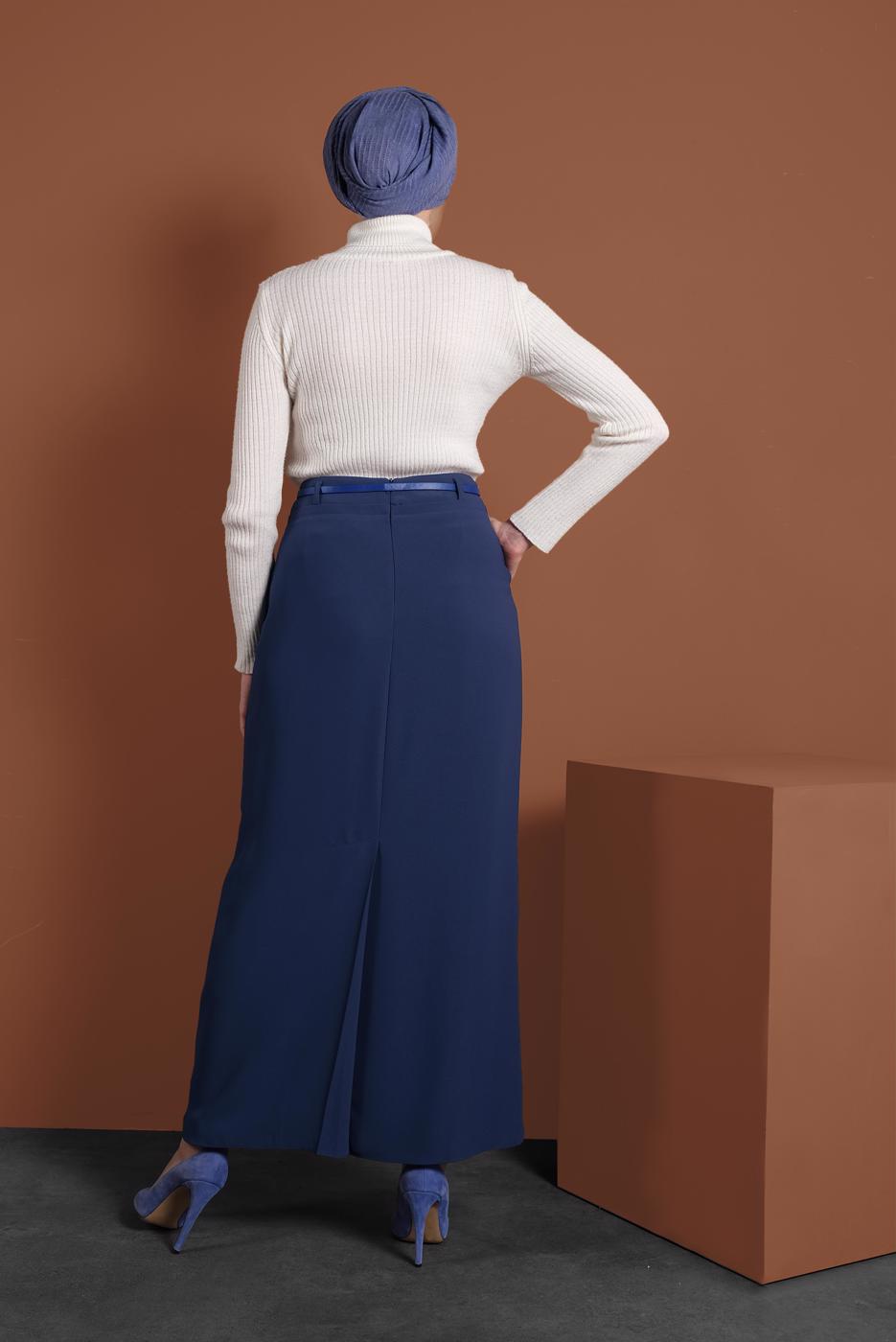 Tesettür giyim LACİVERT ALVİNA KEMERLİ KALEM ETEK 6337 