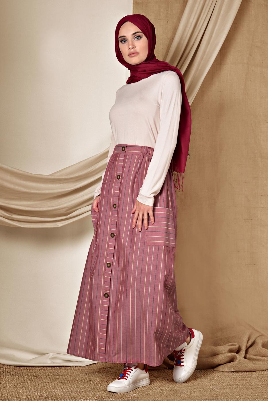 Tesettür giyim BORDO ALVİNA ÇİZGİLİ CEPLİ ETEK 6341