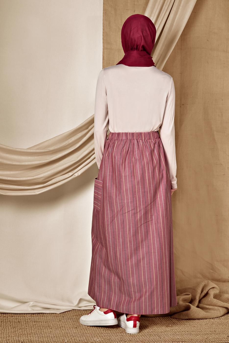 Tesettür giyim BORDO ALVİNA ÇİZGİLİ CEPLİ ETEK 6341