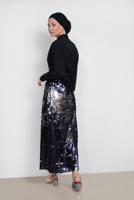 Tesettür giyim LACİVERT ALVİNA BELİ LASTİKLİ PUL PAYET ETEK 6347