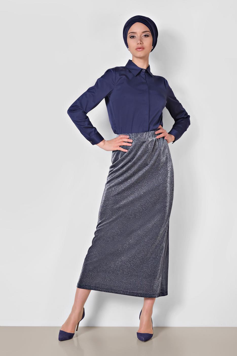 Hijab clothing NAVY BLUE ALVINA SPARKLY SKIRT ELASTIC-WAIST 6349 
