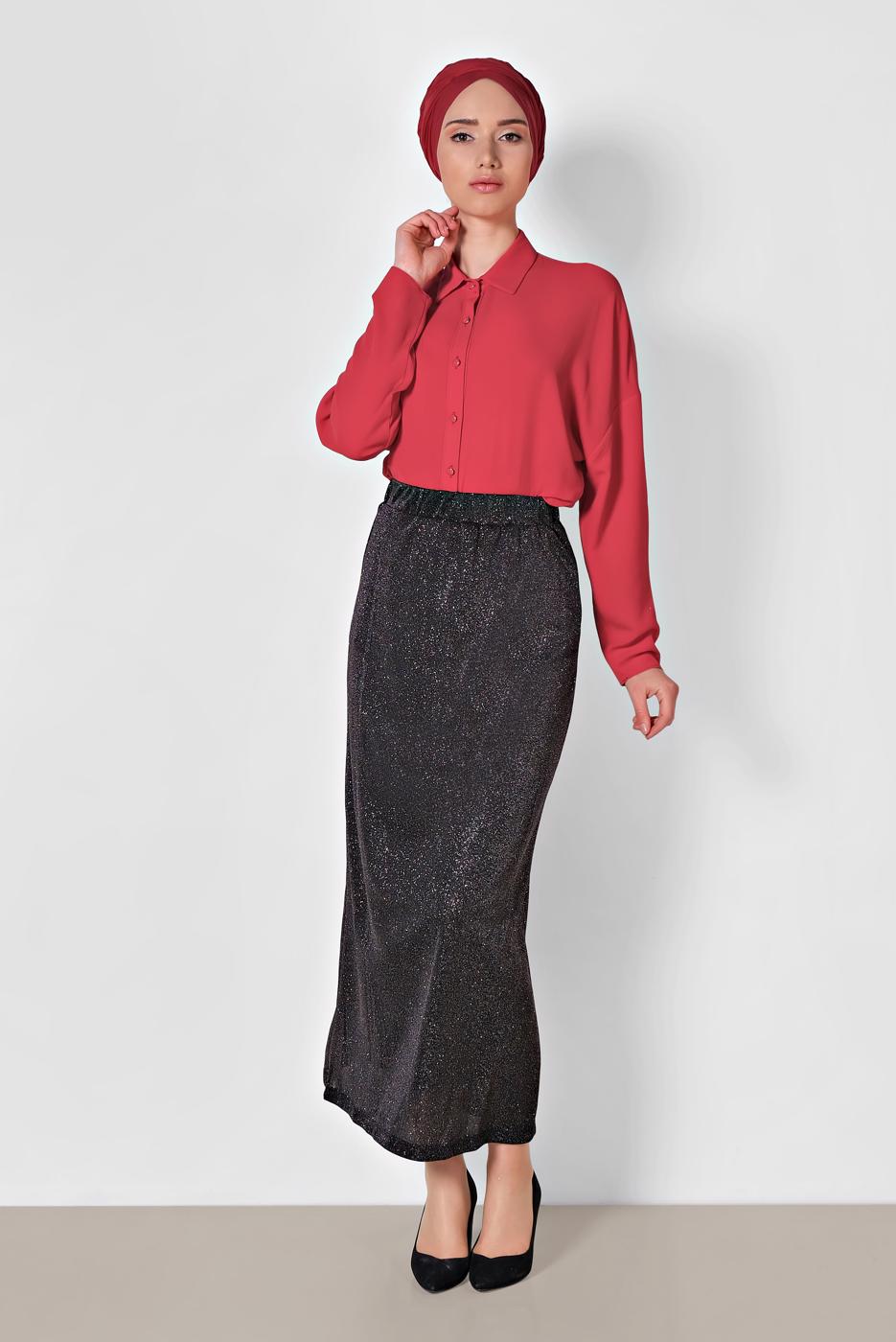 Vêtements hijab NOIR ALVINA JUPE EN BRILLANTE À TAILLE-ÉLASTIQUE  6349 