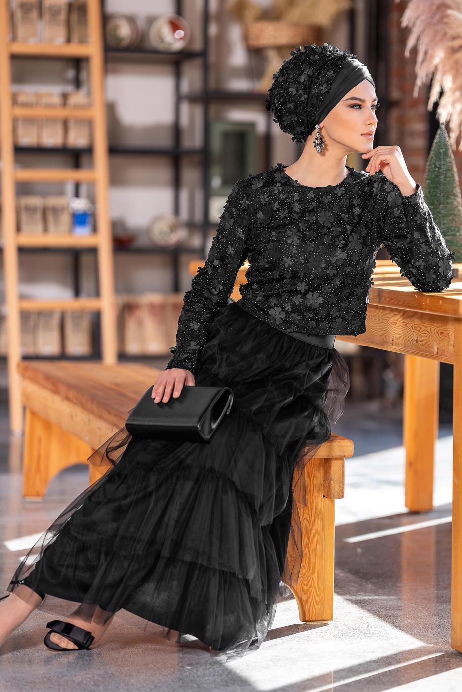 Tesettür giyim SİYAH ALVİNA BELİ LASTİKLİ KAT KAT TÜL ETEK 6353