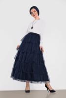 Tesettür giyim LACİVERT ALVİNA BELİ LASTİKLİ KAT KAT TÜL ETEK 6353